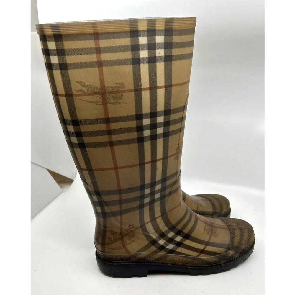 Burberry Rubber Rain Boots Women's Knee High Sz 7 Brown Novacheck Print Italy - Picture 4 of 9